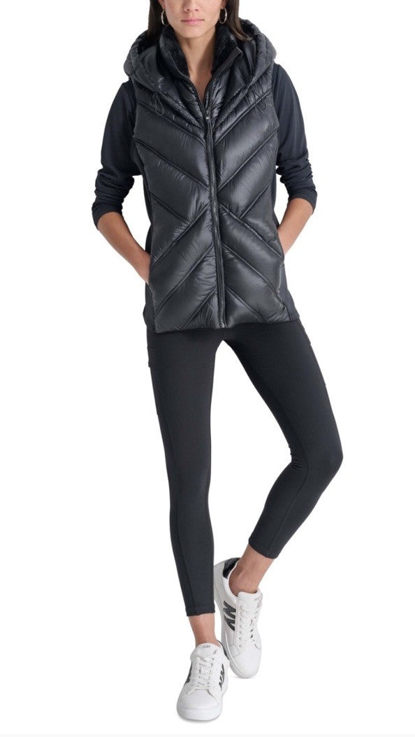 NWT DKNY Hooded Metallic Puffer Vest - Size S, Black