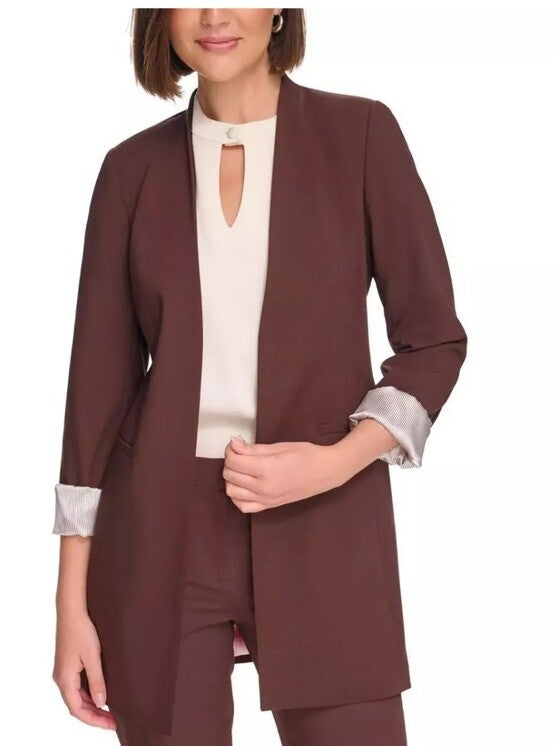 $150 Calvin Klein Women's Brown Collared Open-Front Blazer Jacket Size Petite 2P