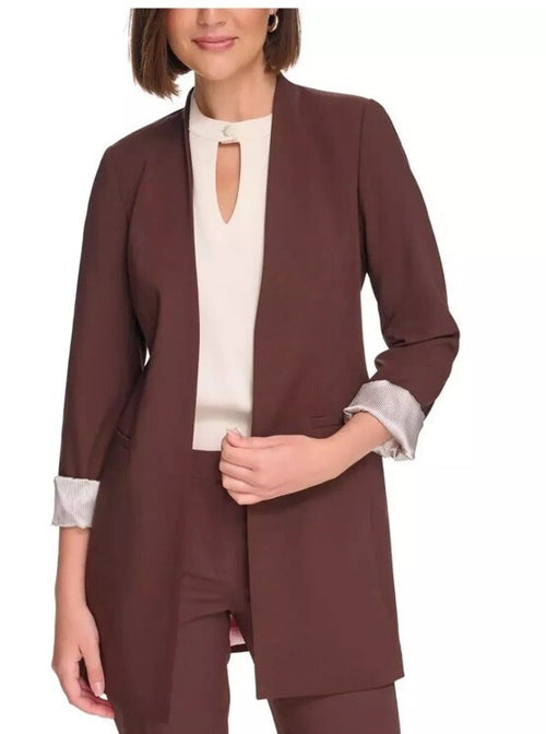 $150 Calvin Klein Women's Brown Collared Open-Front Blazer Jacket Size Petite 2P