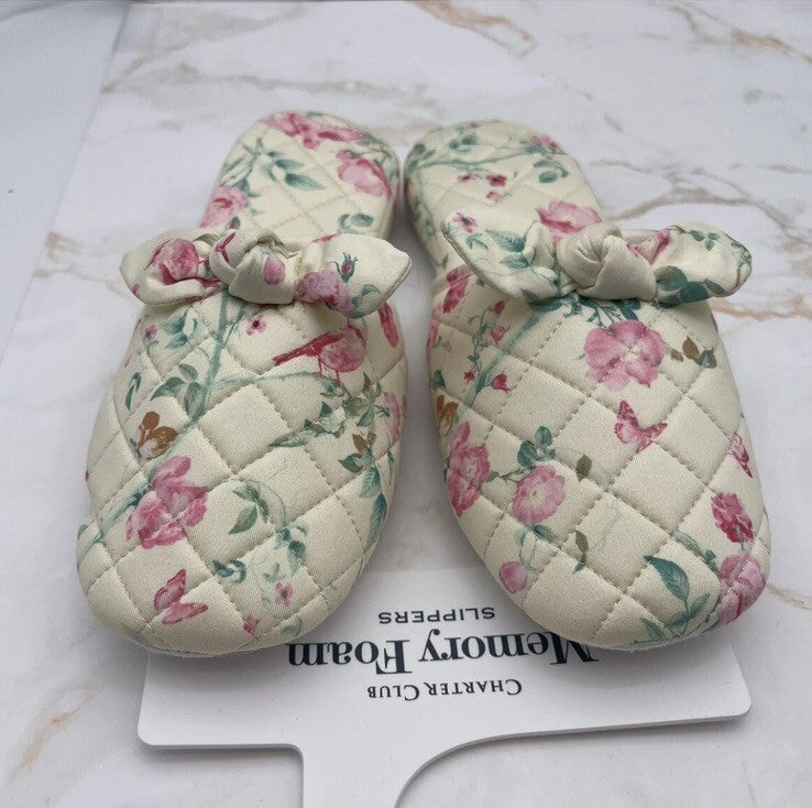 Charter Club Memory Foam Women’s Slippers L  9-10 Yellow With Flowers