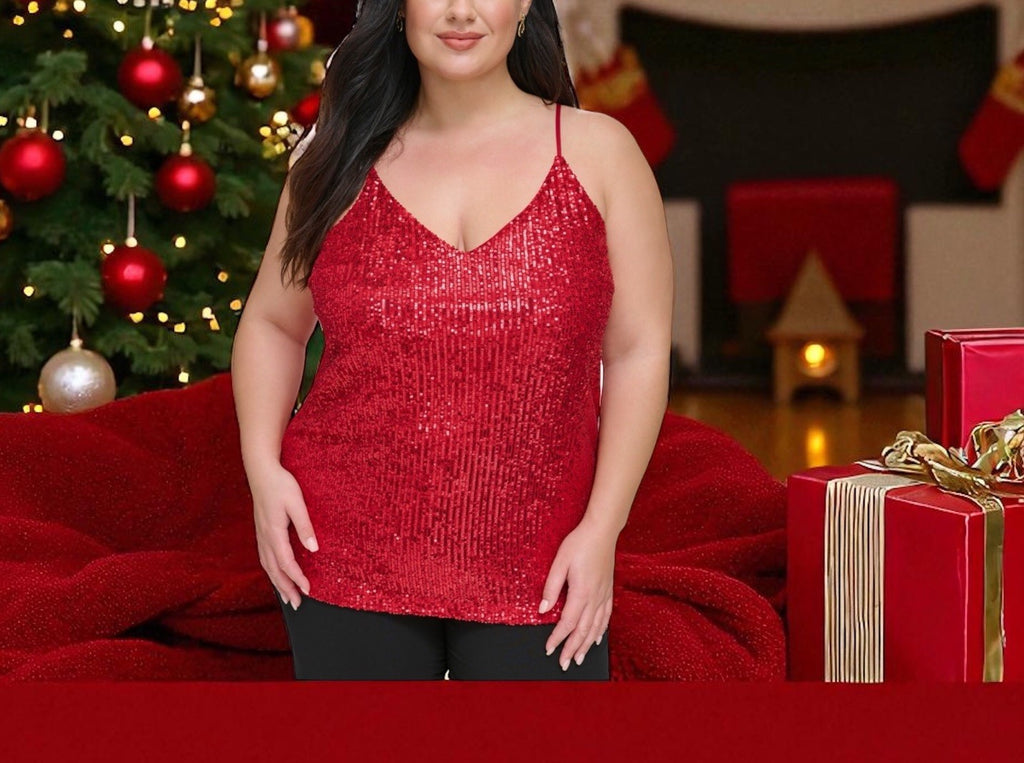 Calvin Klein Womens Red Sequined V Neck Cami Plus Size 2X
