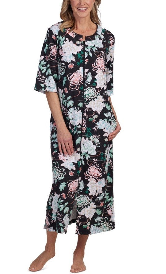 Miss Elaine Women's Printed 3/4-Sleeve Zip-Front Robe Black XL