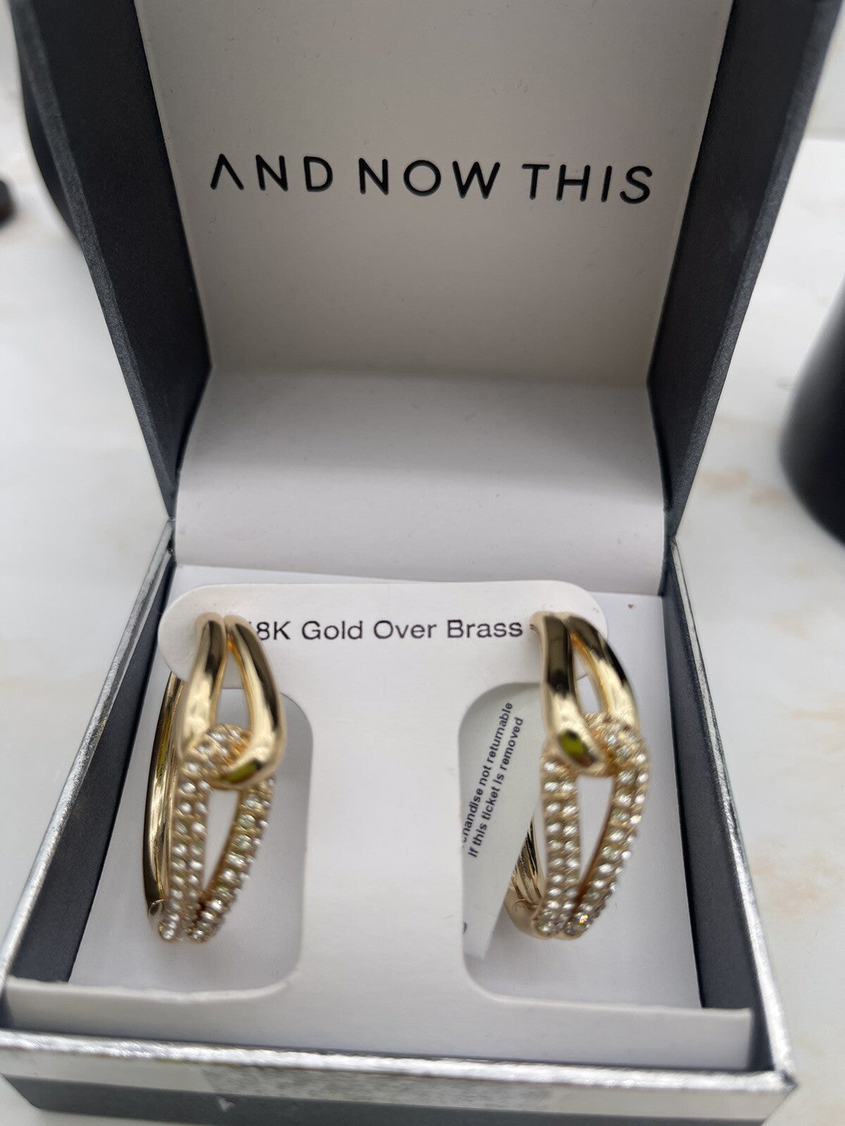 And Now This 18k gold over brass Crystal Knot Hoop Earrings 1 1/4"