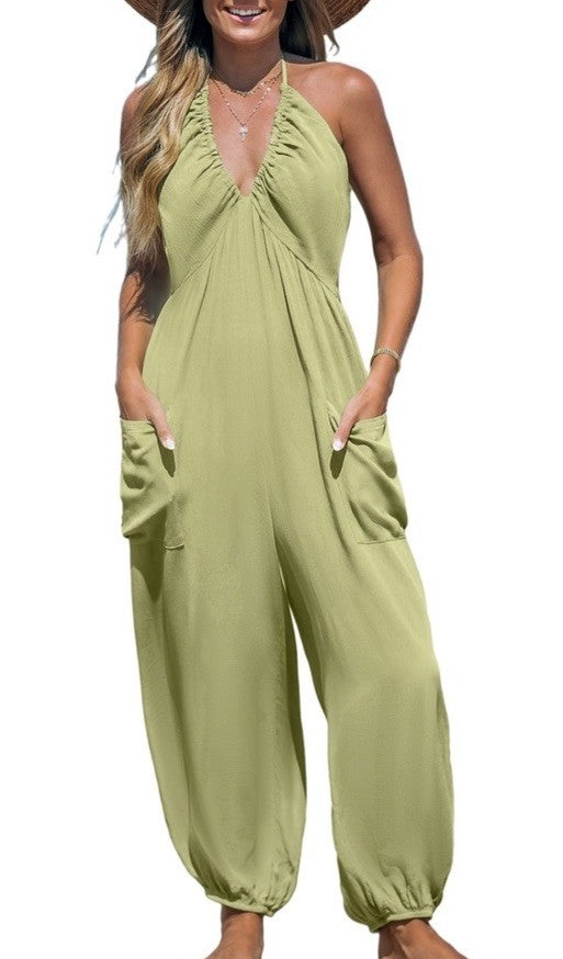 Cupshe Plunge Halter Jogger Jumpsuit Green Size L