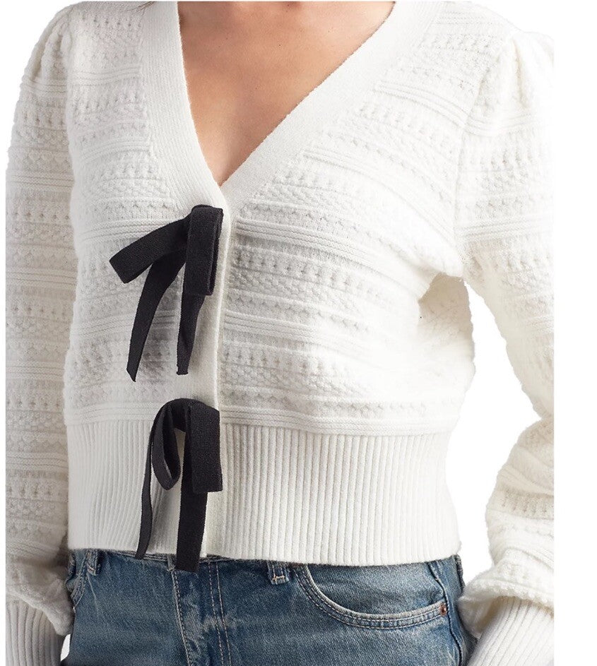 BCX Juniors' Bow-Front V-Neck Long-Sleeve Cardigan Ivory Medium 