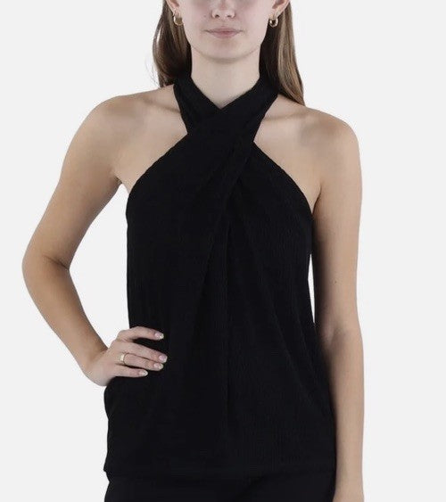 Anne Klein Women's Ribbed Pleated Halter Top Black XL