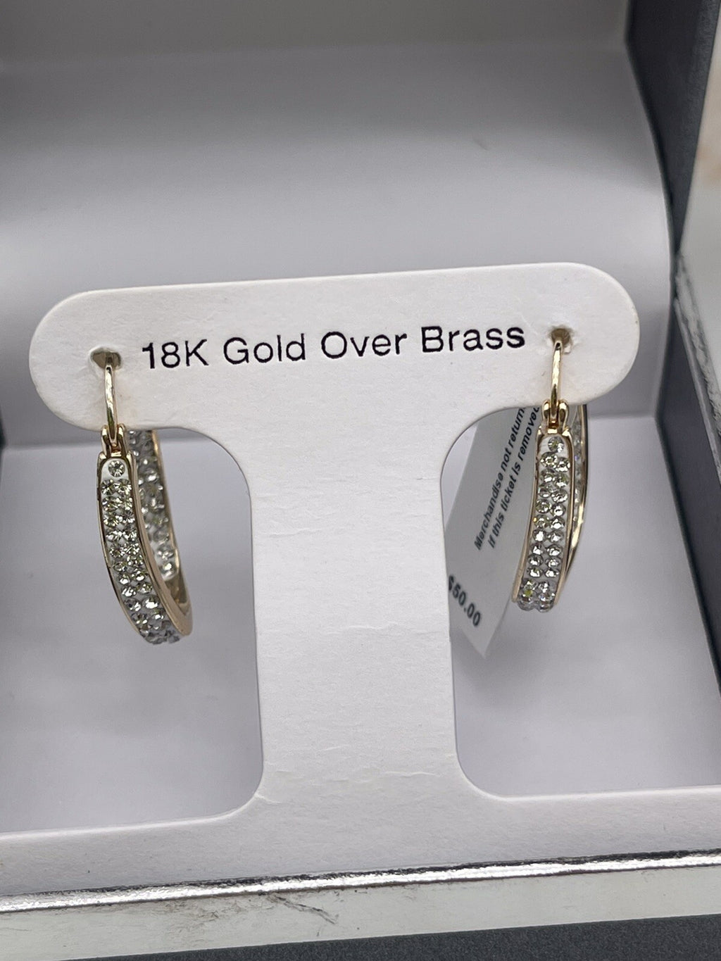 And Now This 18K gold over brass crystal & shiny double open hoop earrings