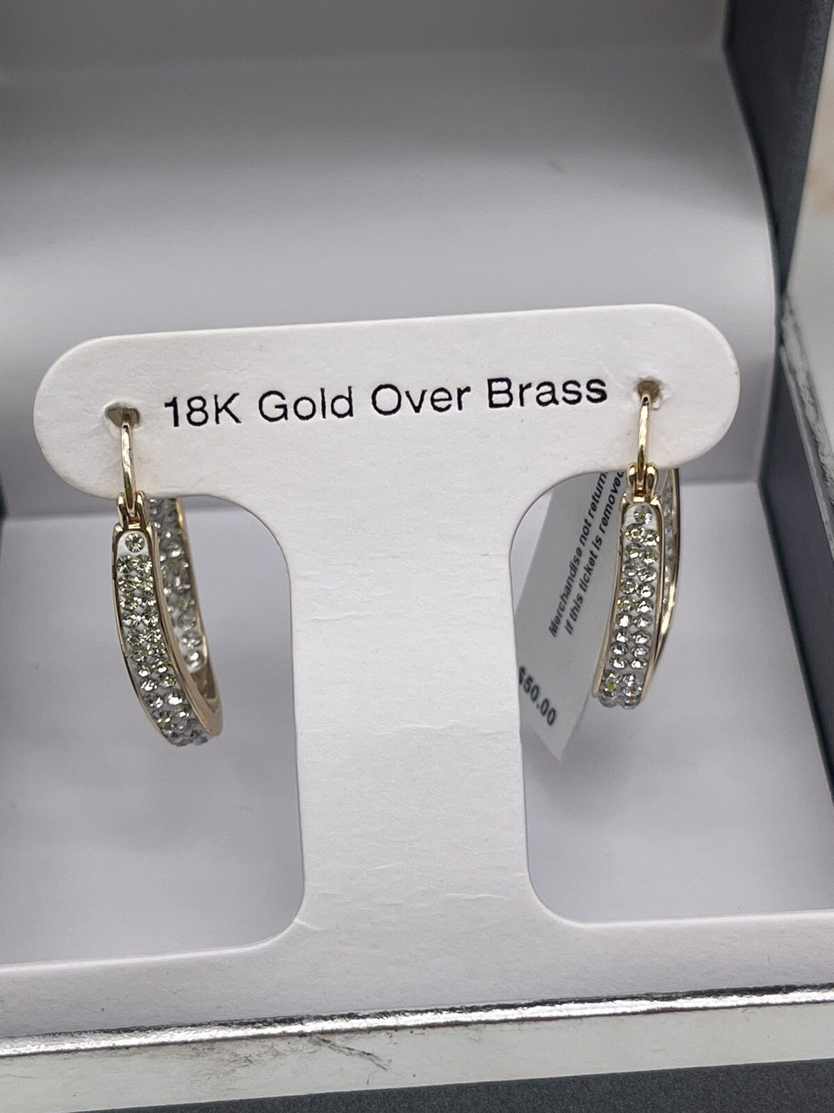 And Now This 18K gold over brass crystal & shiny double open hoop earrings