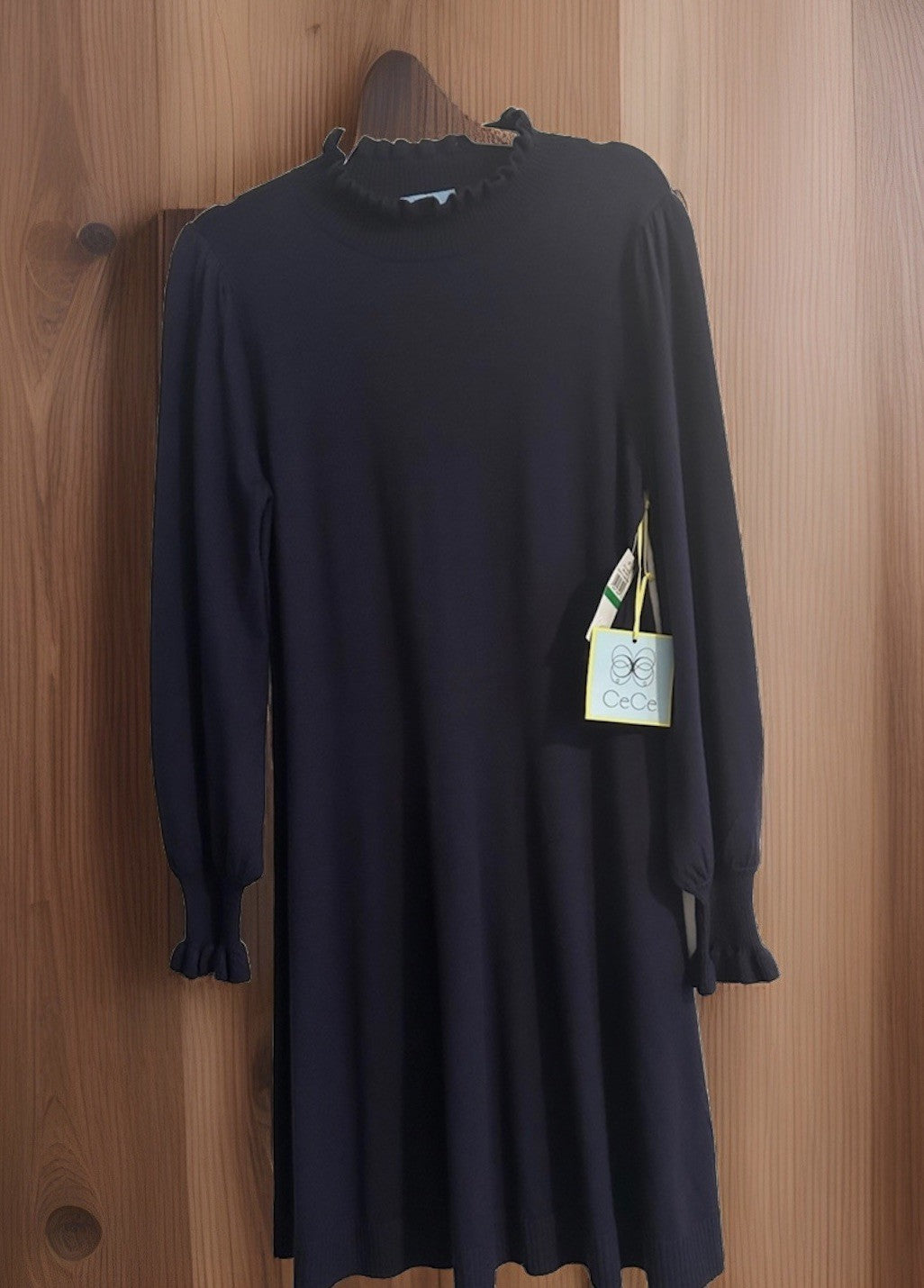NEW CeCe RUFFLED NECK CUFFS KNIT SWEATER DRESS SZ M NAVY BLUE
