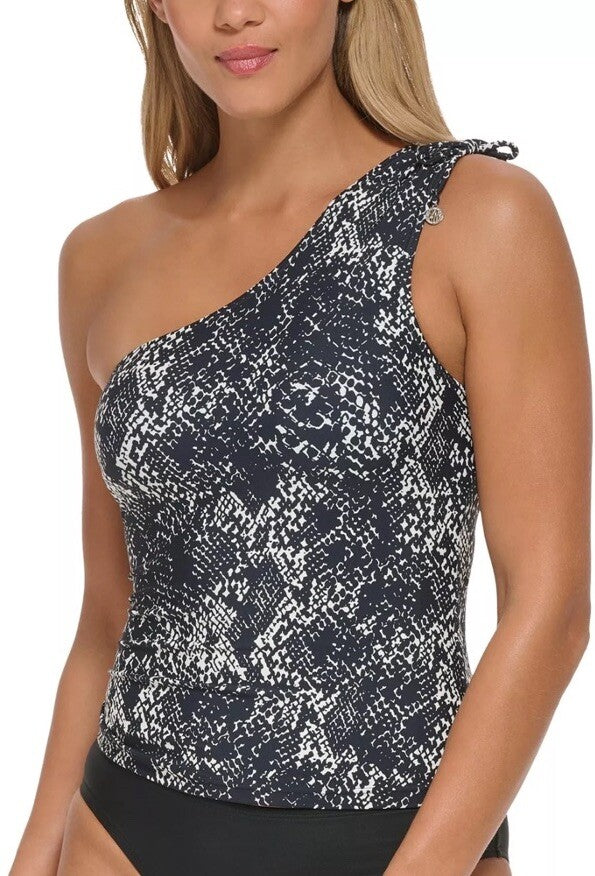 DKNY Women's Snake-Print One-Shoulder Tankini Top, Black/White, S
