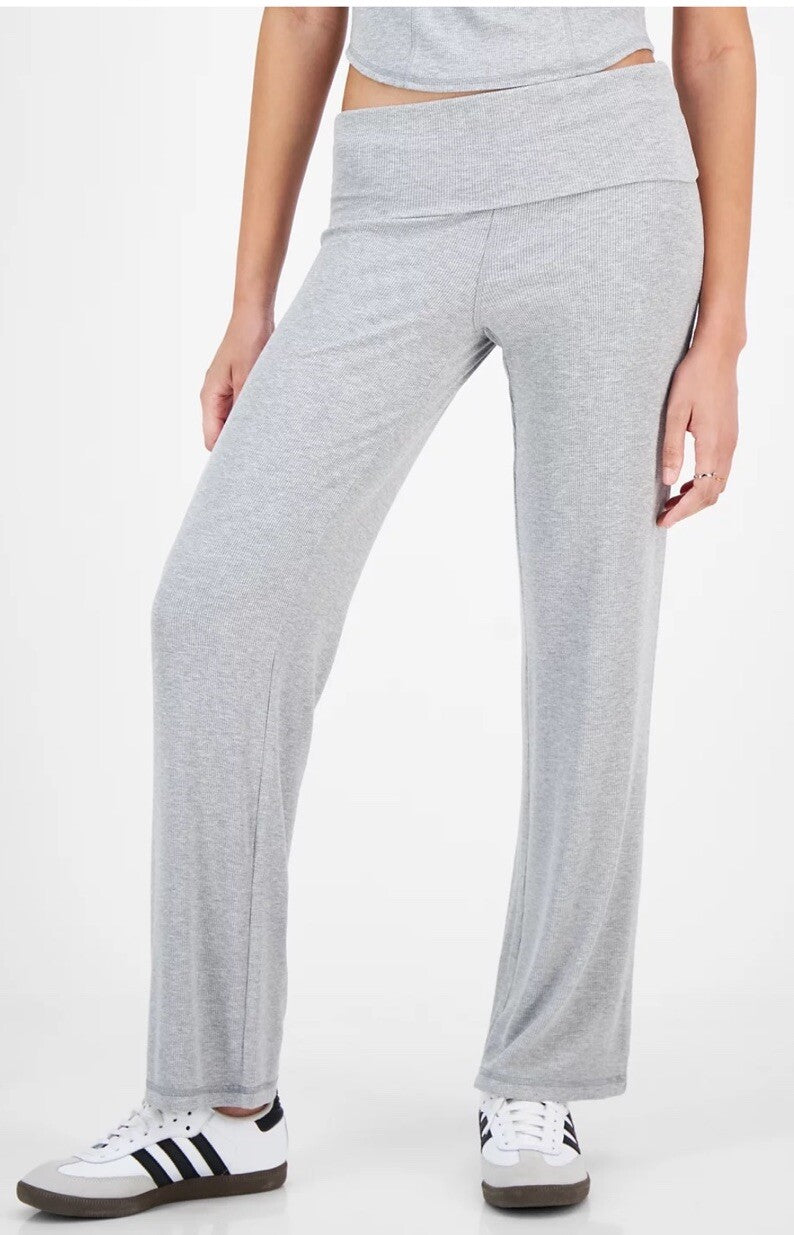 Ultra Flirt Juniors' High Rise Foldover-Waist Ribbed Knit Pants Grey Whisper L