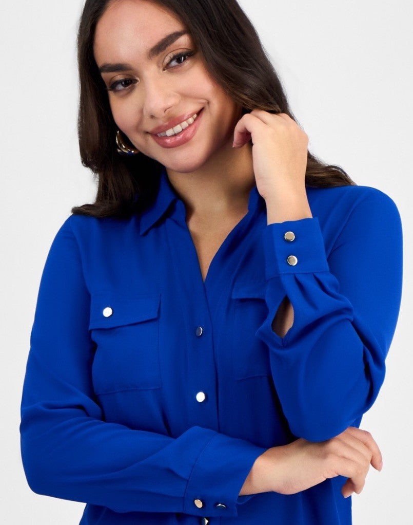I.N.C. International Concepts Petite Button-Front Blouse Bright Blue Pet/med