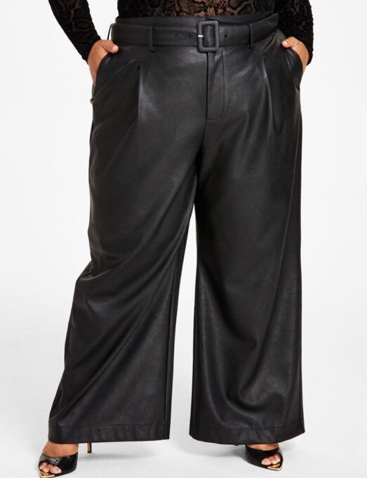 Nina Parker Black Solid Plus Women's Faux Leather Belted Wide Leg Pants NWT 16W