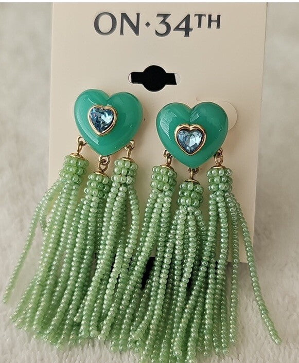 On 34th Crystal Heart & Beaded Fringe Drop Earrings Green 