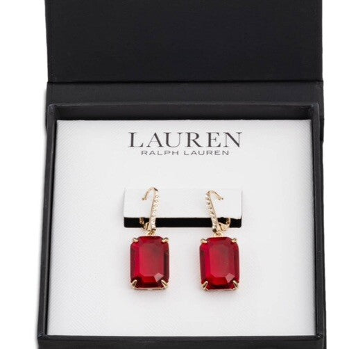 Lauren Ralph Lauren Silver Tone Emerald Stone Huggie Hoop Earrings 