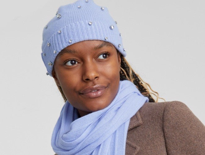 Charter Club Cashmere Beanie Crystal Embellished Cuffed Hat Fresh Orchid