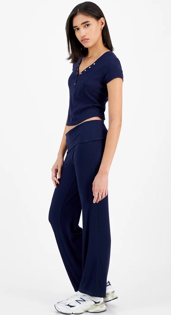 Ultra Flirt Juniors' High Rise Foldover-Waist Ribbed Knit Pants Black XS