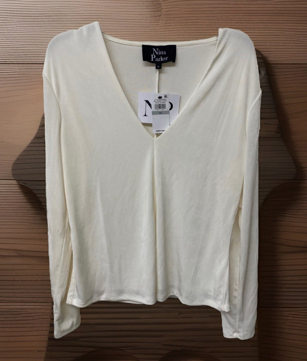 Nina Parker Trendy Plus Size V-Neck Long-Sleeve Top Color 103 Egret 1X