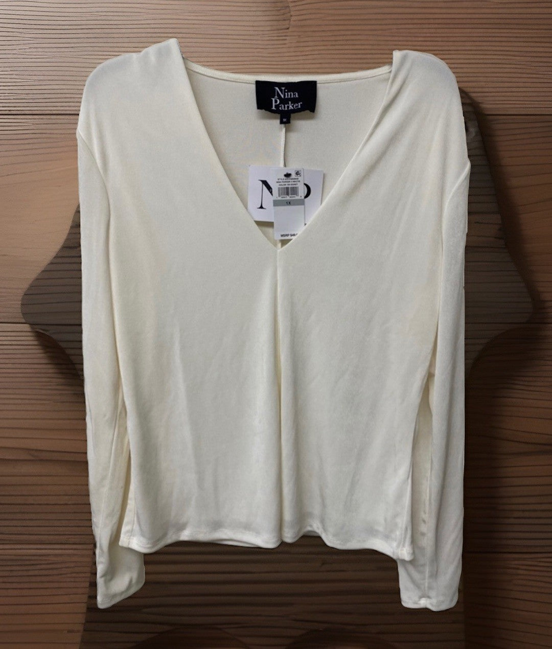 Nina Parker Trendy Plus Size V-Neck Long-Sleeve Top Color 103 Egret 1X