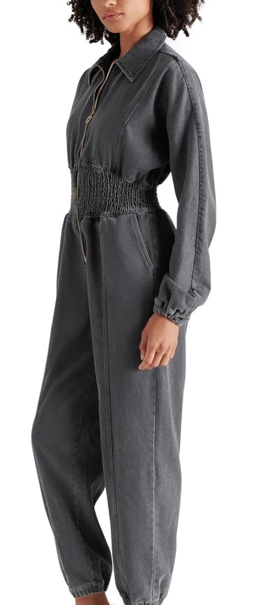 Steve Madden Womens Medium Black Denim Jumpsuit Partial Zip Long Sleeves