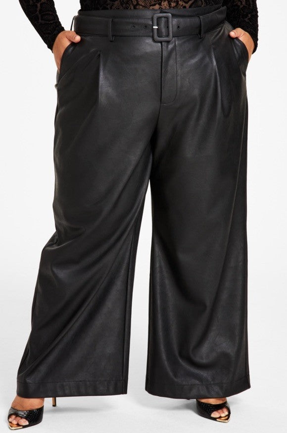 Nina Parker Women's Black Faux-Leather Belted Wide Leg Pants Plus Size 18W