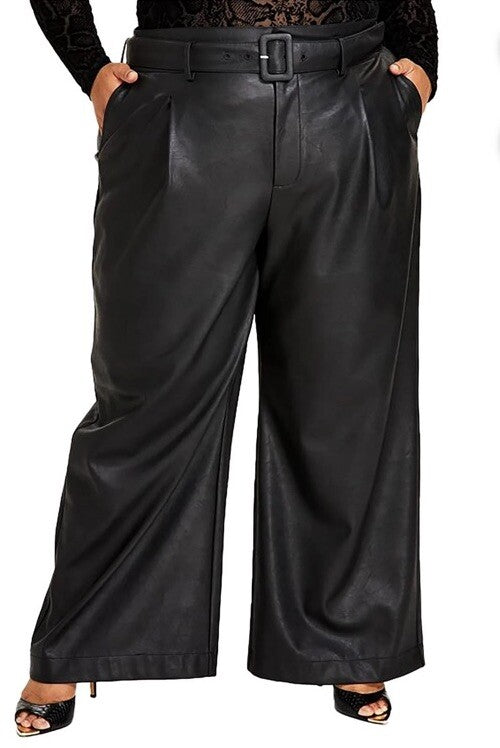 Nina Parker Women's Black Faux Leather Belted Wide-Leg Pants Plus Size 18W