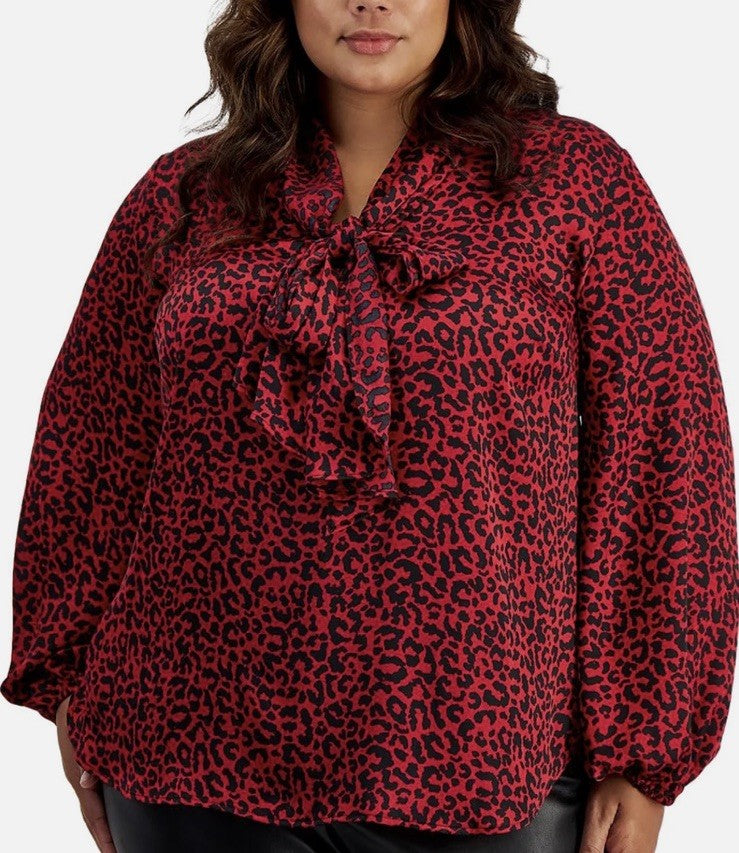 Bar III Plus Size Animal-Print Tie-Neck Blouse 1X Black Pomegranate 