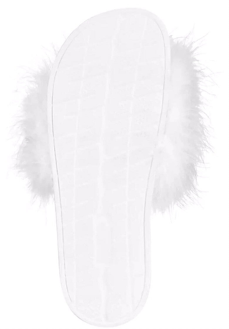 INC International Concepts Sandal Slides Sz L 9/10 White Fluffy Faux Maribou