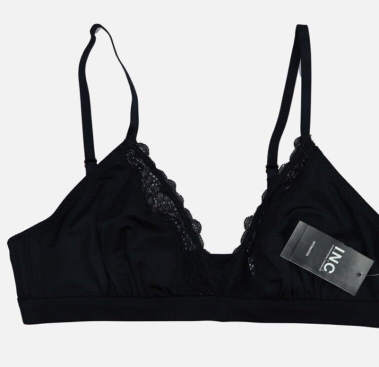 INC International Concepts Satin w/Lace Trim Bralette Style Women's Bra XL Black