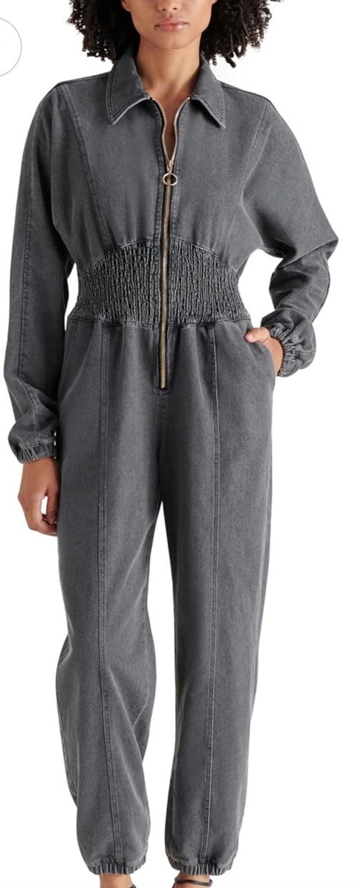 Steve Madden Womens Medium Black Denim Jumpsuit Partial Zip Long Sleeves