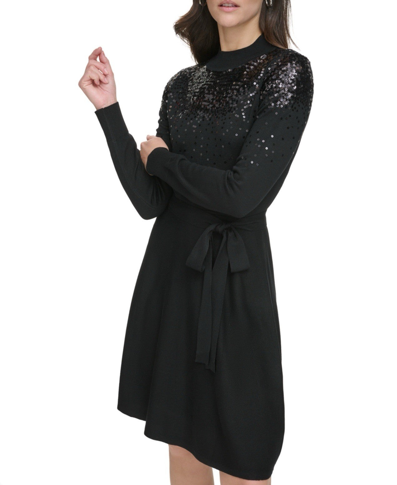 Vince Camuto Women's Black Sequin Embellished Turtleneck Fit & Flare Dress XL