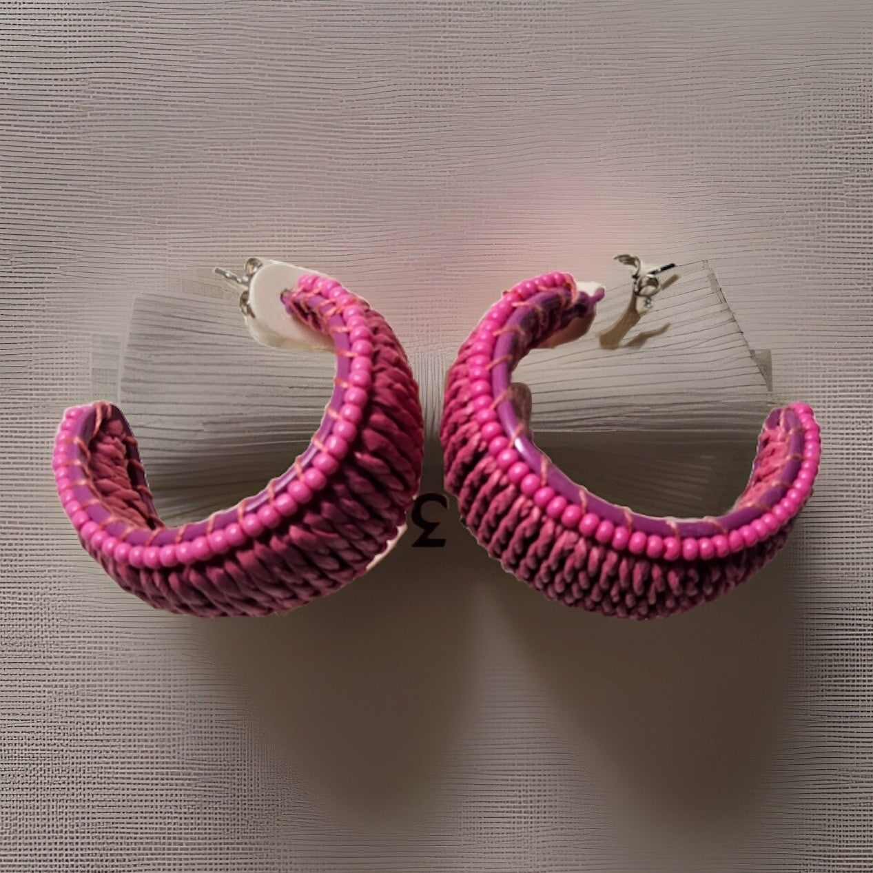 Bright Pink  Color Seed Bead & Raffia C-Hoop Earrings, Post Back, 1.25"
