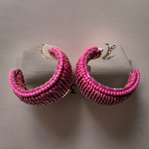 Bright Pink  Color Seed Bead & Raffia C-Hoop Earrings, Post Back, 1.25"