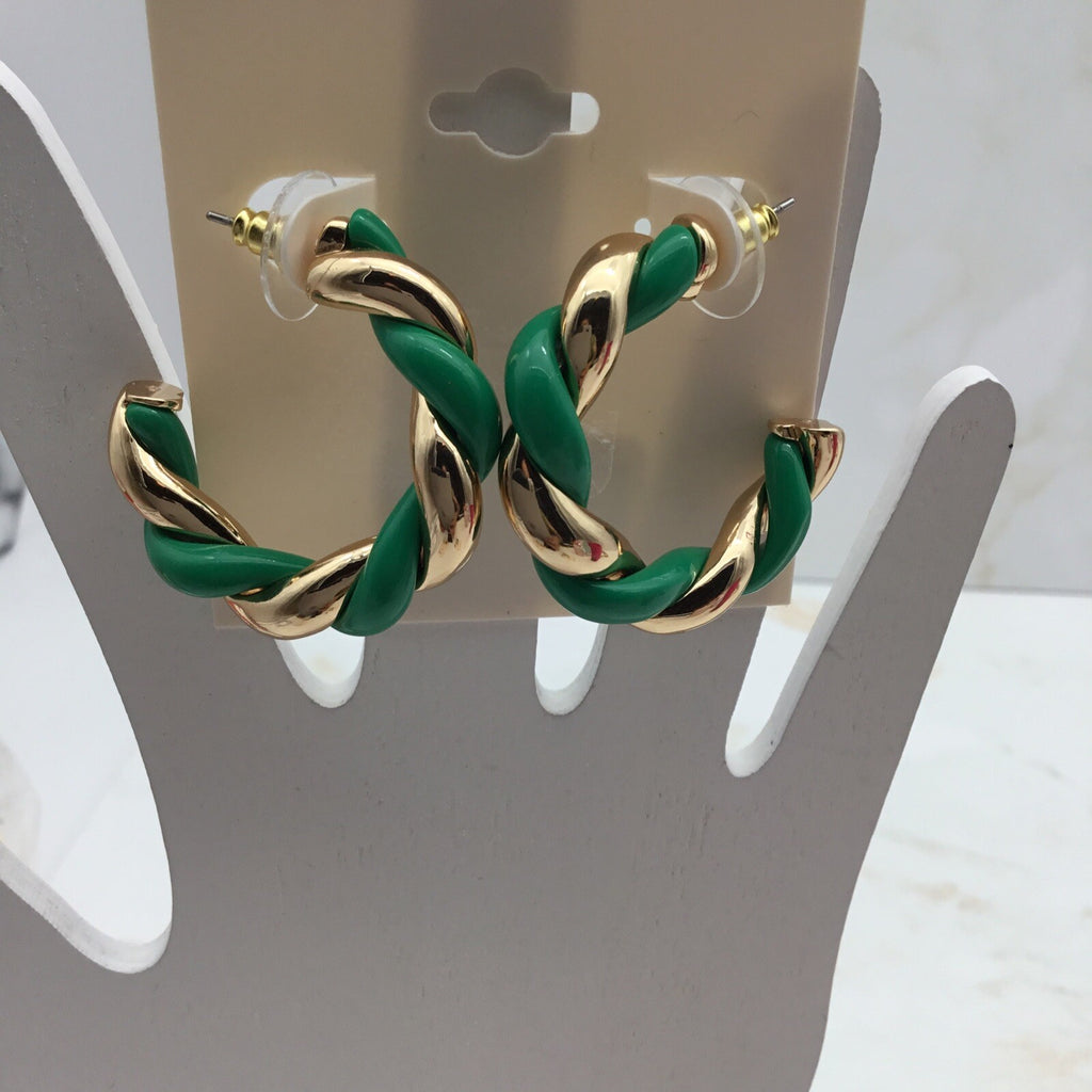 ON 34th Green and Gold-Tone Swirl Medium Hoop Earrings