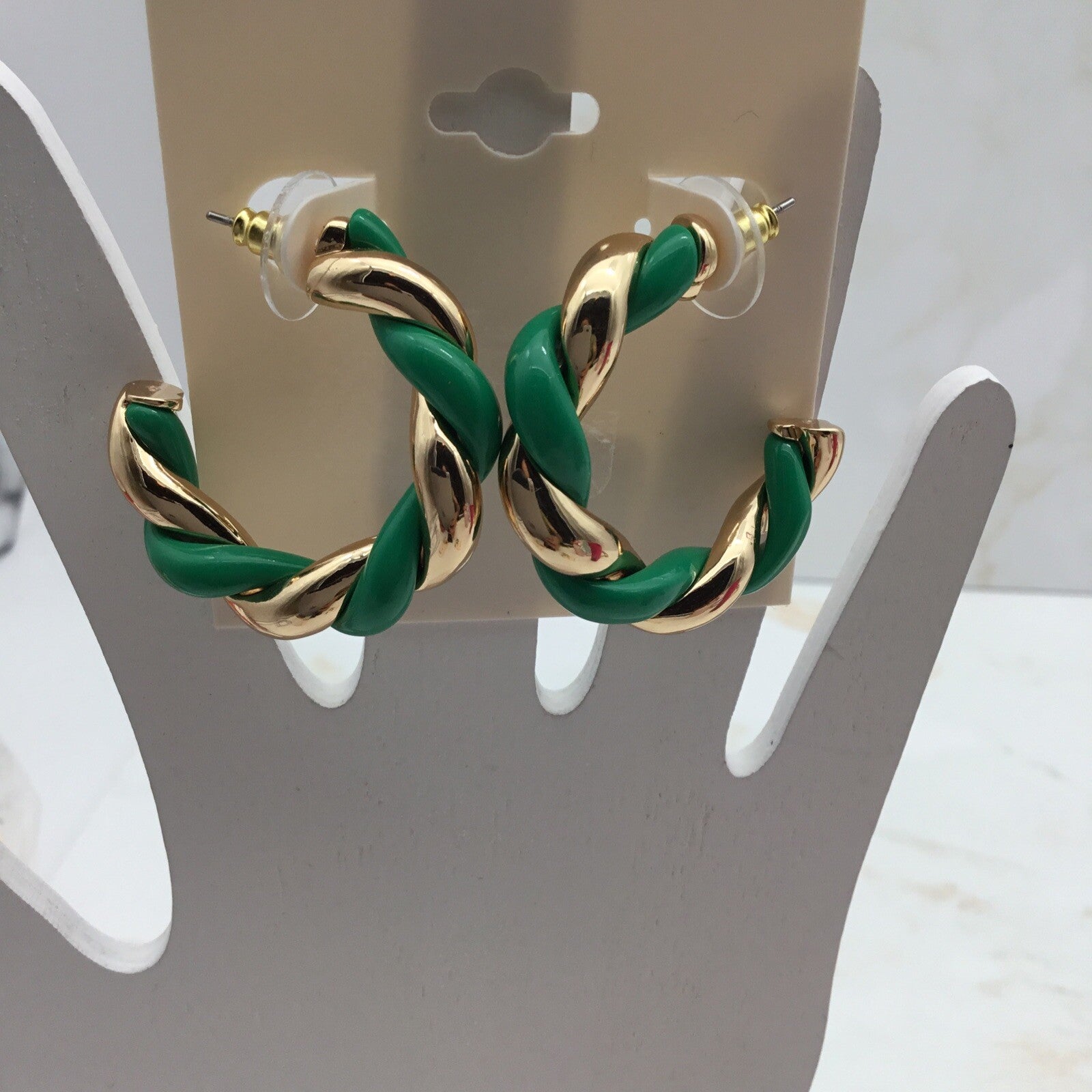 ON 34th Green and Gold-Tone Swirl Medium Hoop Earrings
