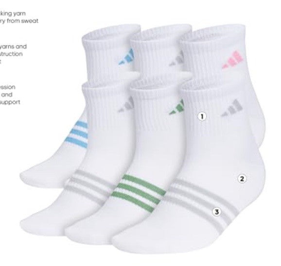 adidas Women's Athletic Quarter Socks Size 5-10 - 6 Pack