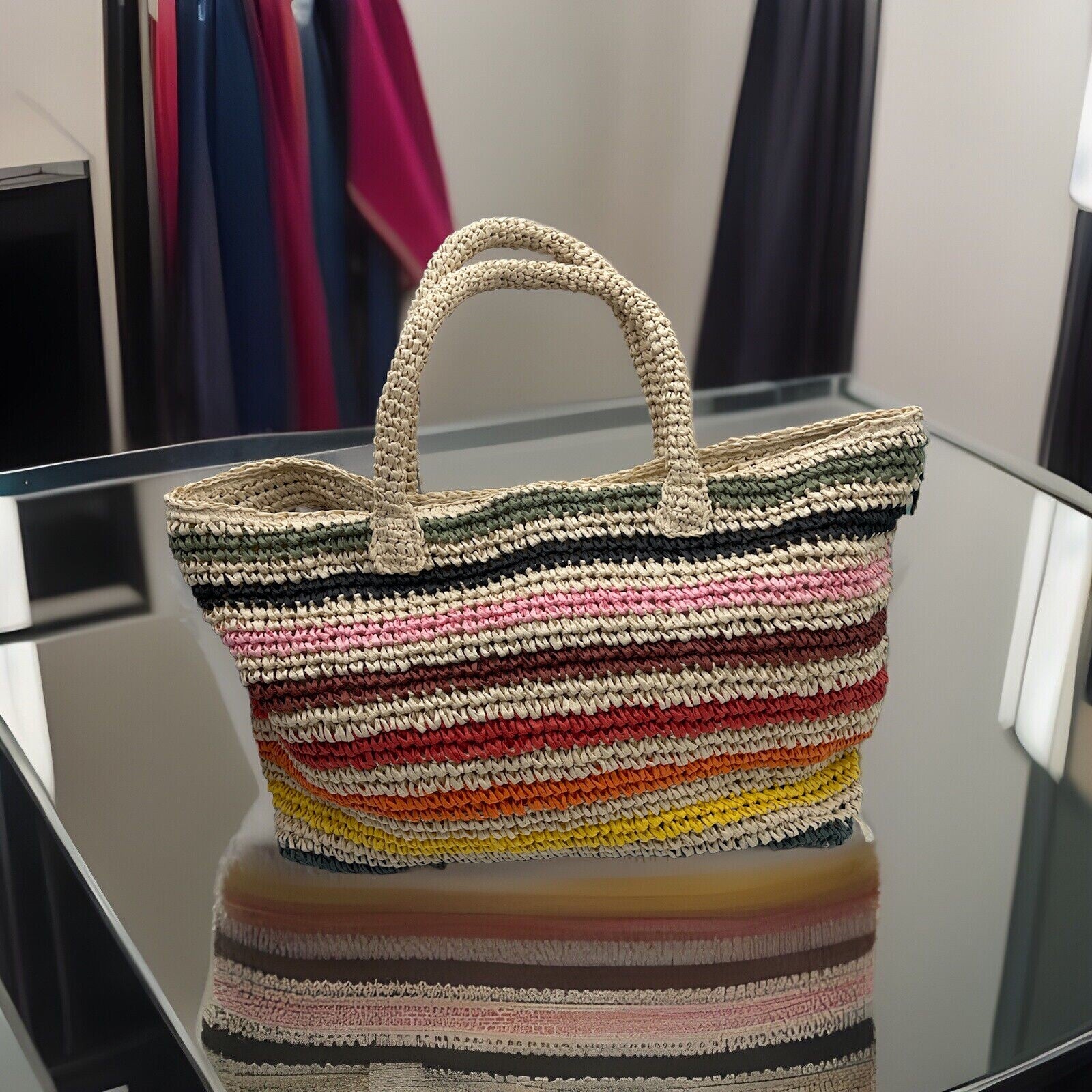 Bloomingdale’s Exclusive Aqua Straw/paper/linen Beach XL Tote $138