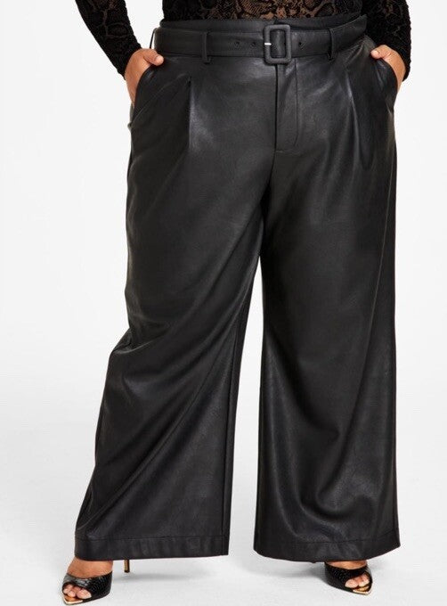 Nina Parker Women's Black Faux Leather Belted Wide Leg Pants Size 24W