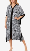 Ellen Tracy Zip-Front Printed Caftan S/M Black White Paisley 