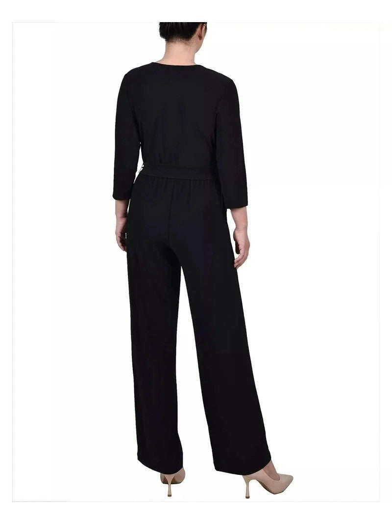 NY Collection Jumpsuit Womens Size Small Petite PS Black 3/4 Sleeve Belted New
