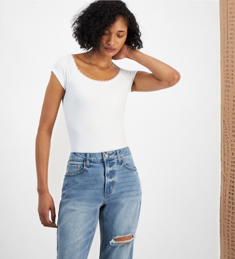 Self Esteem Juniors' Ribbed Lace-Trim Cap-Sleeve Bodysuit White Large 