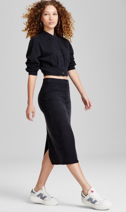 And Now This Women's Denim Back-Slit Midi Skirt Black Wash XS