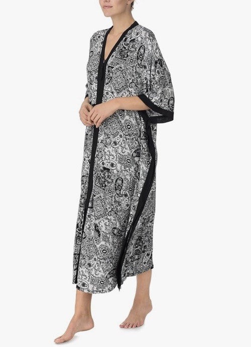 Ellen Tracy Zip-Front Printed Caftan S/M Black White Paisley 