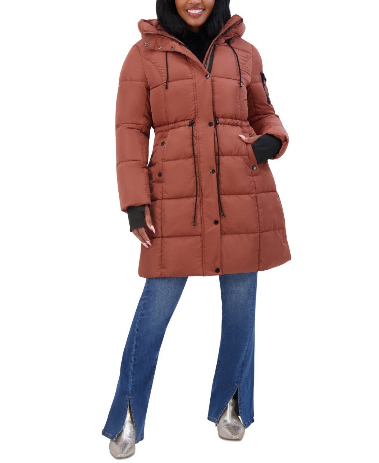 Steve Madden Juniors' Hooded Puffer Anorak Coat Size S/P Color Terracota