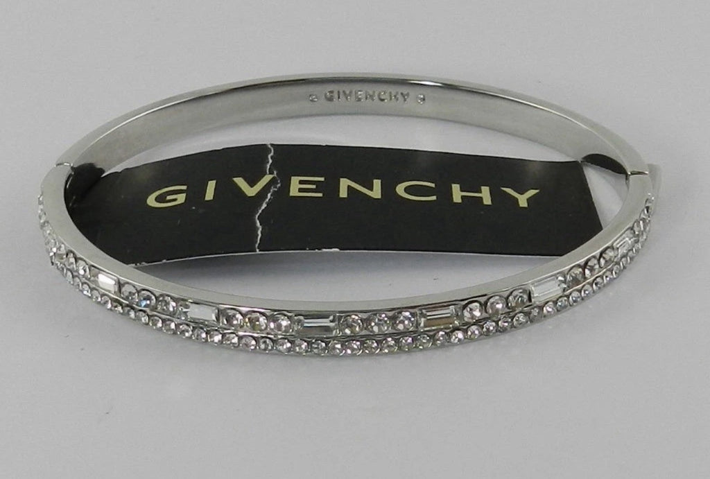 Givenchy Womens Silver Tone Crystal Hinged Bangle Bracelet Pave Rhinestone Logo
