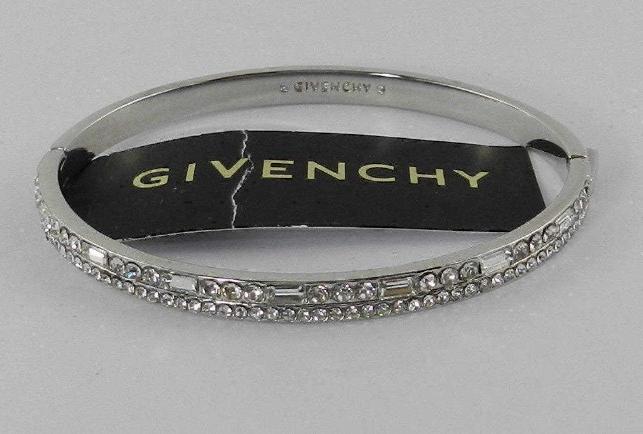 Givenchy Womens Silver Tone Crystal Hinged Bangle Bracelet Pave Rhinestone Logo