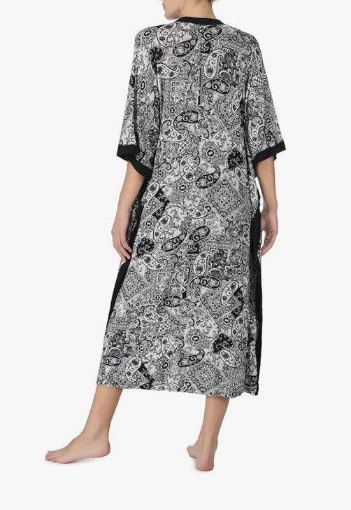 Ellen Tracy Zip-Front Printed Caftan S/M Black White Paisley 