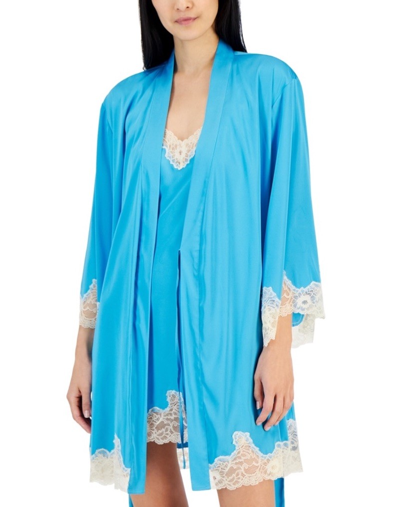 I.n.c. International Concepts Women's Lace-Trim Stretch Satin Robe - Cyan Blue