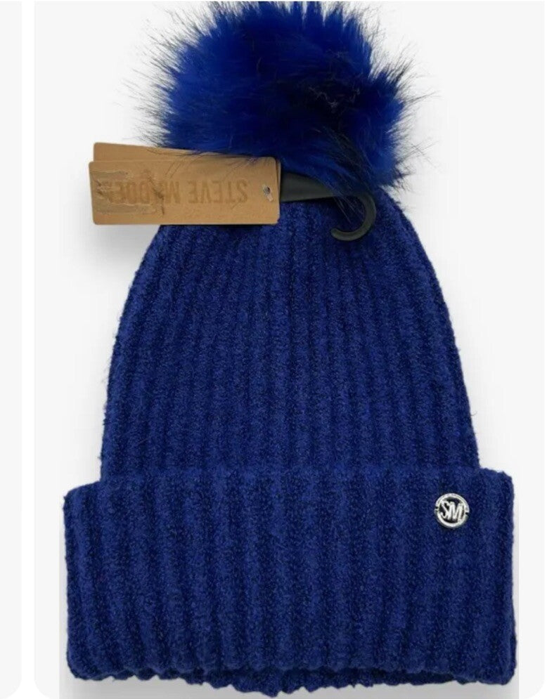 Steve Madden Women's Fuzzy Cloud Knit Beanie Hat with Faux-Fur Pom Pom Blue
