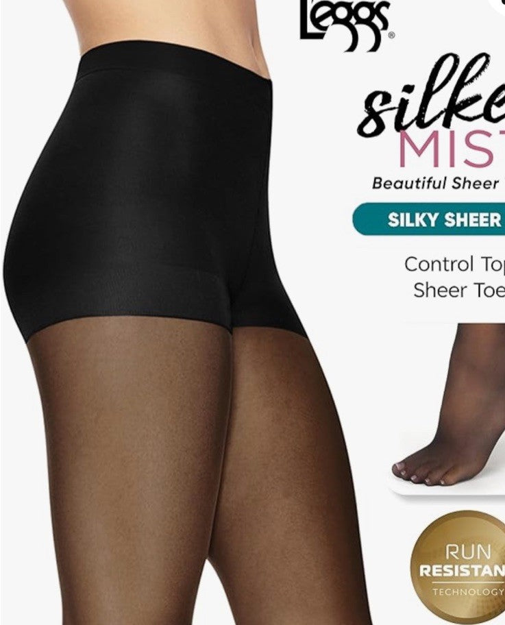 L'eggs Silken Mist Pantyhose Black Mist Size Q Control Top New 